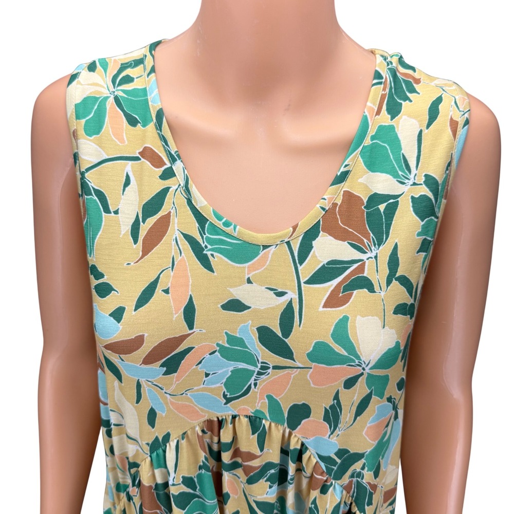 BOMBOM Yellow Green Floral Leaf Print Babydoll Dress Small DA1408 USA Made - Picture 3 of 10